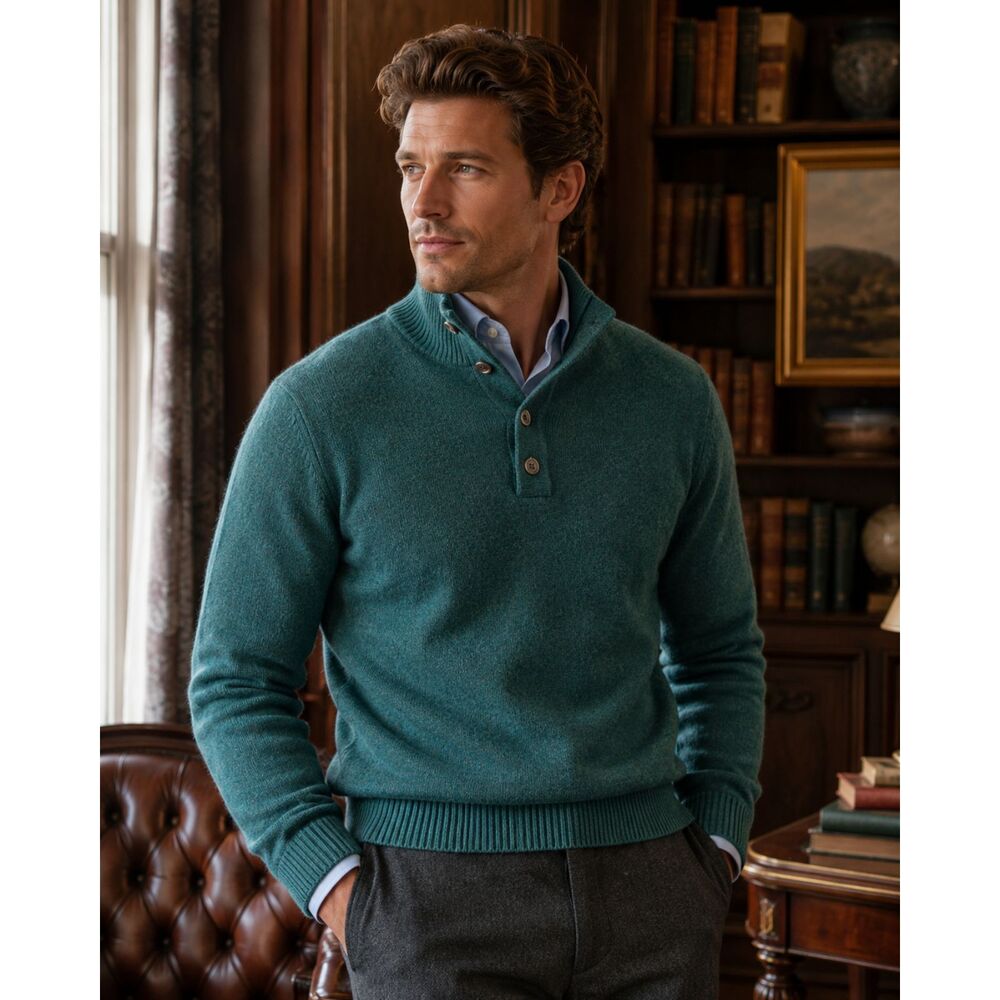 Enzo Mantovani Men’s 100% Wool Green Button Mock Neck Sweater Size M